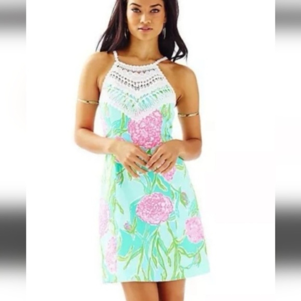 Lilly Pulitzer Pearl Shift Dress Poolside Blue Crochet Lace Neck